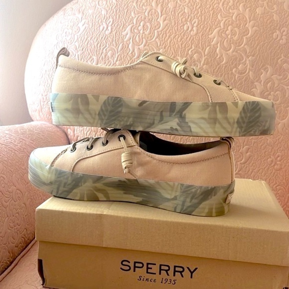 Brand New Sperry Crest Vibe Platform Sneakers Beige Green Leaf Tropical Neutral - Picture 10 of 16